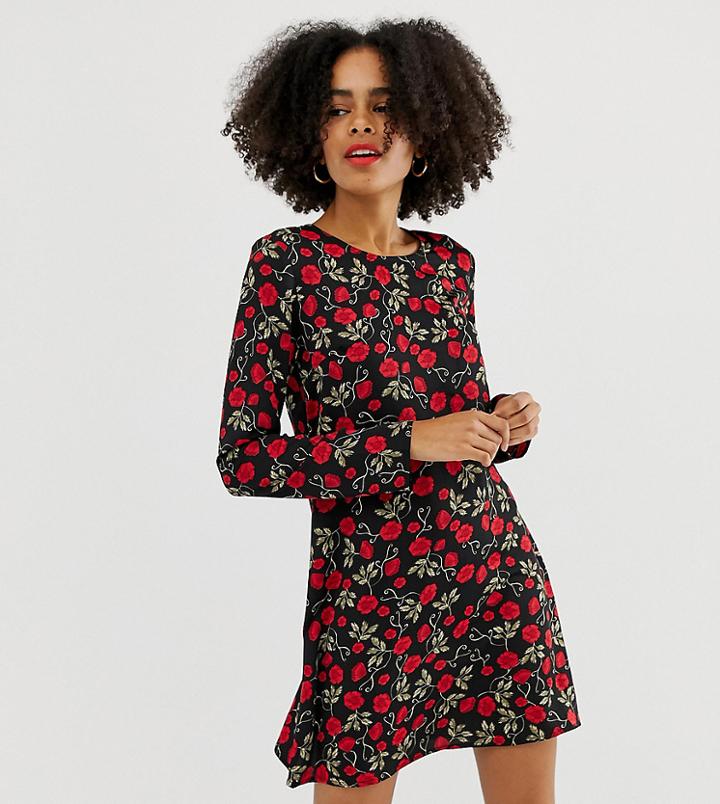 Glamorous Long Sleeve Swing Dress In Vintage Rose Print-black
