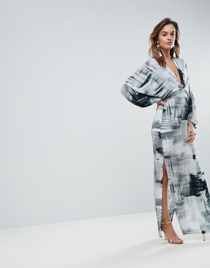 Asos Balloon Sleeve Maxi Dress In Abstract Print-multi