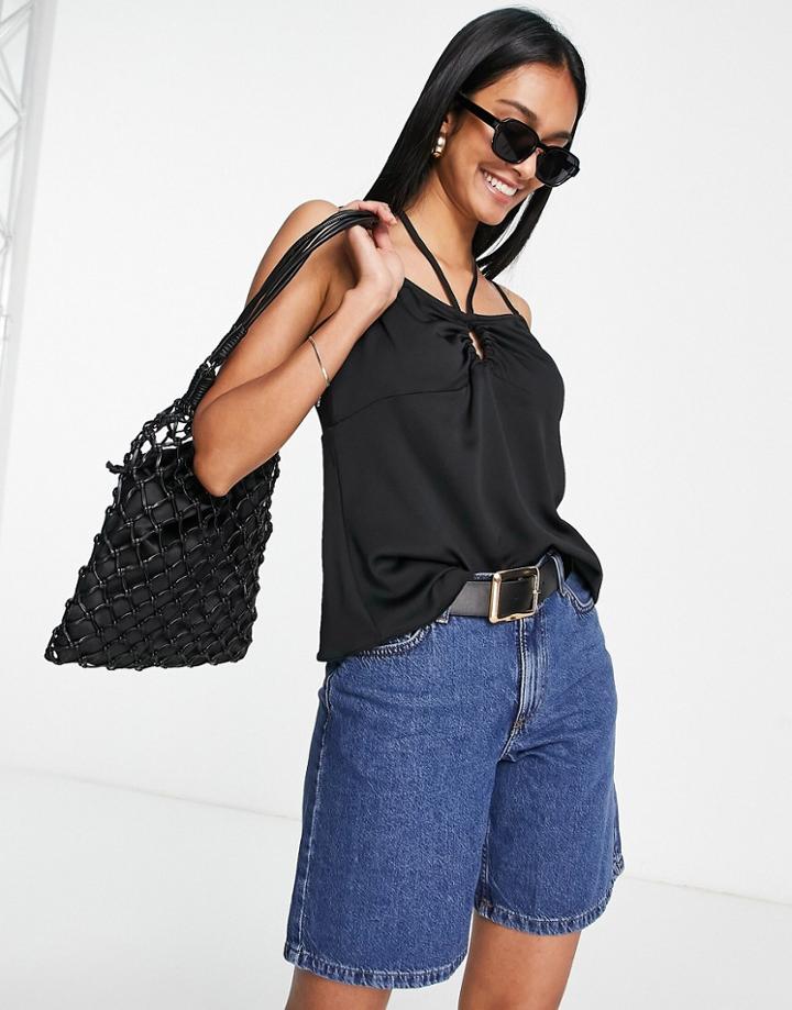 River Island Ruche Front Keyhole Detail Cami In Black