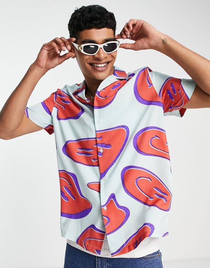 Asos Design Relaxed Shirt In Warped Smile Print-multi