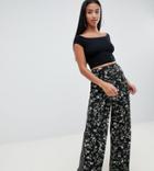 Missguided Petite Floral And Polka Dot Wide Leg Pants - Black