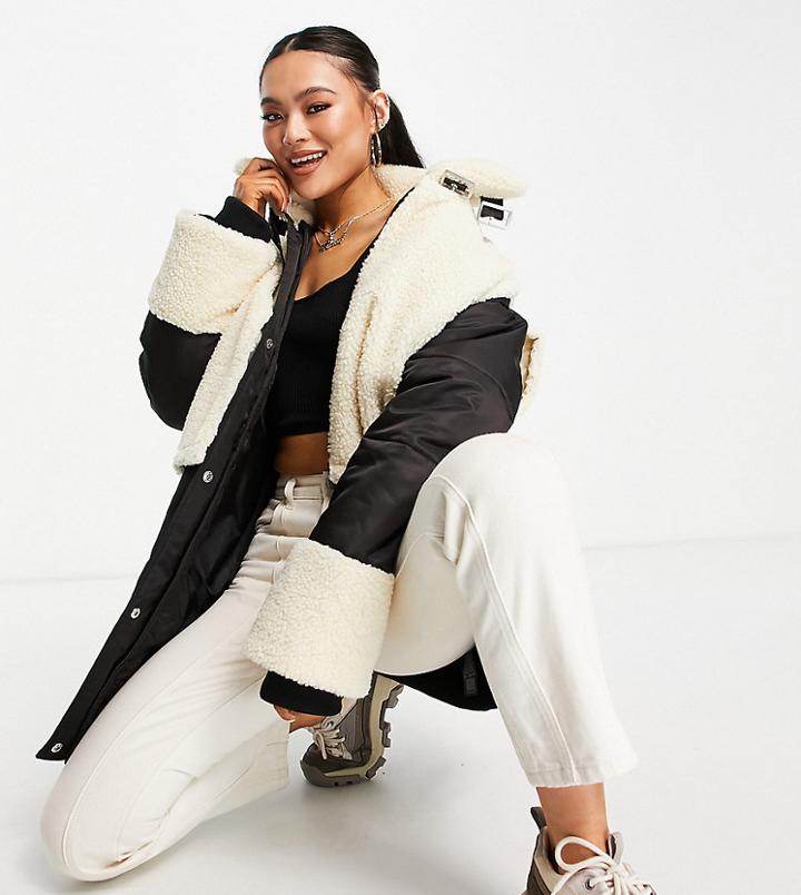 Asyou Mixed Fleece Midi Puffer In Black