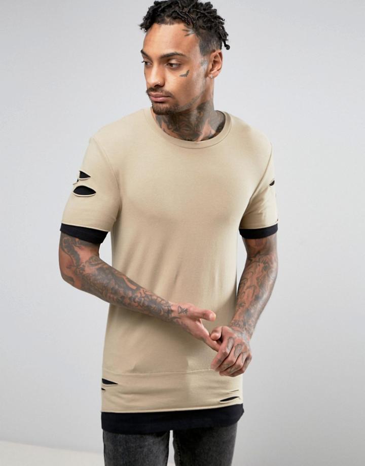 Asos Muscle Longline T-shirt With Distress And Hem Extenders - Beige