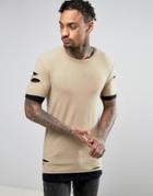 Asos Muscle Longline T-shirt With Distress And Hem Extenders - Beige