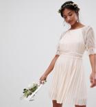 Tfnc Petite Pleated Midi Bridesmaid Dress With Spot Mesh Frill Detail - Pink