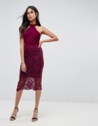 Ax Paris Racer Neck Midi Dress With Crochet Lace Skirt And Contrast Lining - Purple
