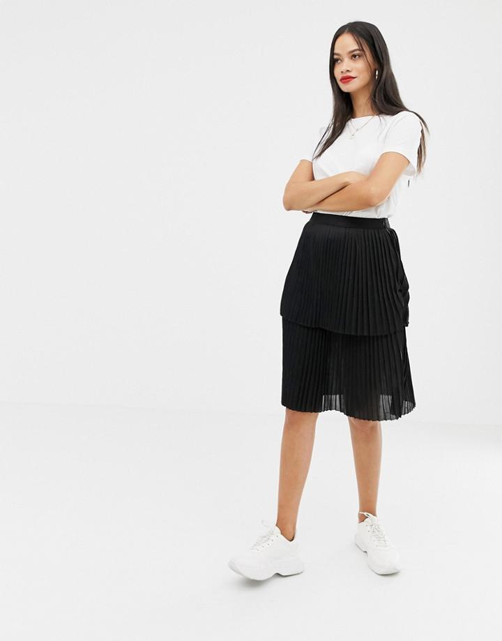 Unique21 Layered Pleated Midi Skirt - Black