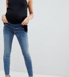 Asos Design Maternity Ridley High Waist Skinny Jeans With Under The Bump Waistband In Tana Extreme Mid Wash - Blue