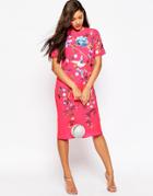 Asos Bird And Floral Embroidered Midi Shift Dress - Fluro Pink