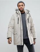 New Look Parka With Faux Fur Hood In Stone - Stone