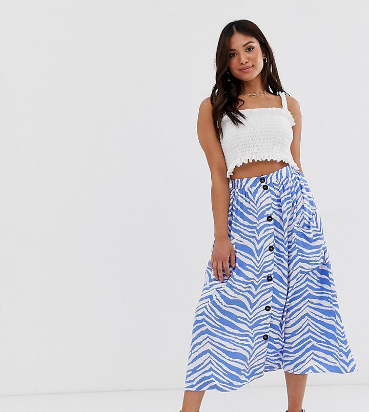 Asos Design Petite Button Front Midi Skirt With Pockets In Zebra Print - Multi