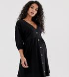 Asos Design Maternity 3/4 Sleeve Smock Dress With Buttons And Waist Panel - Black