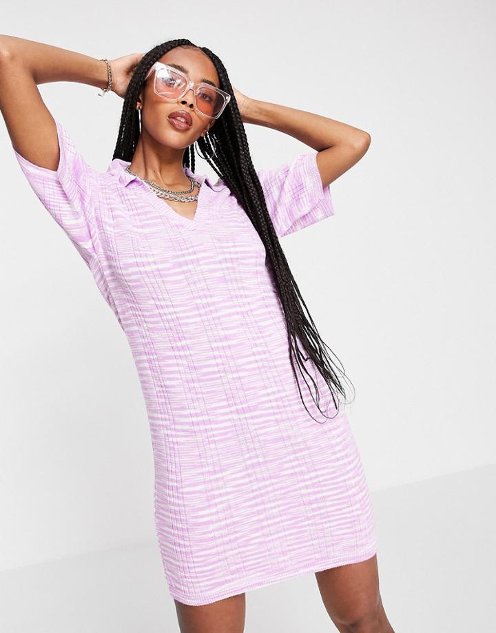 Asos Design Knit Mini Dress With Open Collar In Space Dye Yarn In Pink