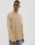 Bershka Knitted Roll Neck Sweater In Camel With Gray Check - Beige
