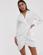 Asos Design Twist Collar Wrap Casual Mini Dress - White