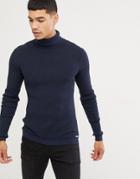 Esprit Rib Knit Muscle Fit Roll Neck Sweater In Navy - Navy