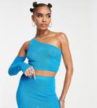 Asyou Knitted Net Star Print One Sleeved Crop Top In Blue - Part Of A Set