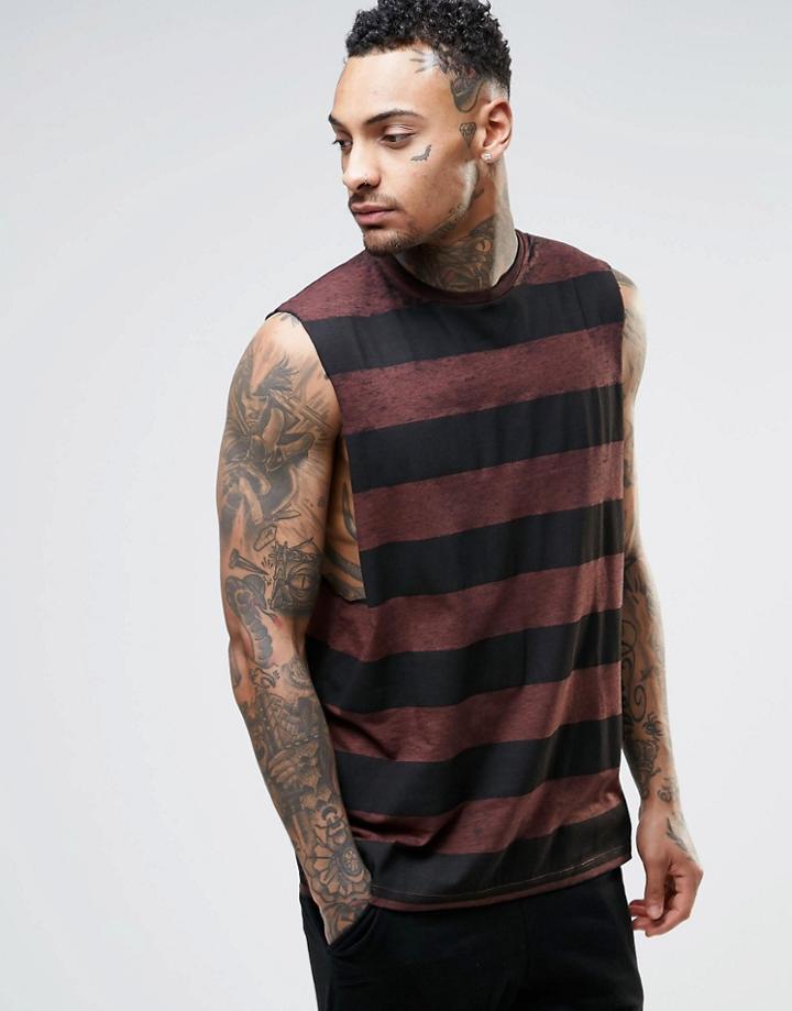 Asos Stripe Sleeveless T-shirt Burn Wash And Dropped Armhole