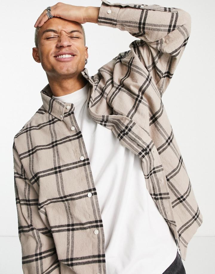 Asos Design Extreme Oversized Shirt In Beige And Black Plaid-neutral