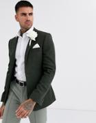 Asos Design Wedding Super Skinny Wool Mix Blazer With Puppy Tooth In Khaki-green