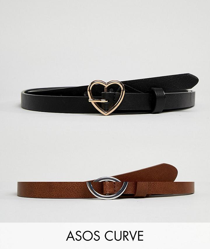 Asos Design Curve 2 Pack Heart And Circle Buckle Waist And Hip Belts - Black