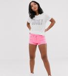 Parisian Petite Distressed Denim Shorts In Neon Pink - Pink