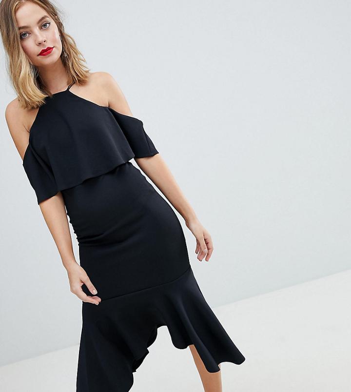 Asos Design Petite Ruffle Cold Shoulder Asymmetric Pephem Midi Dress - Black