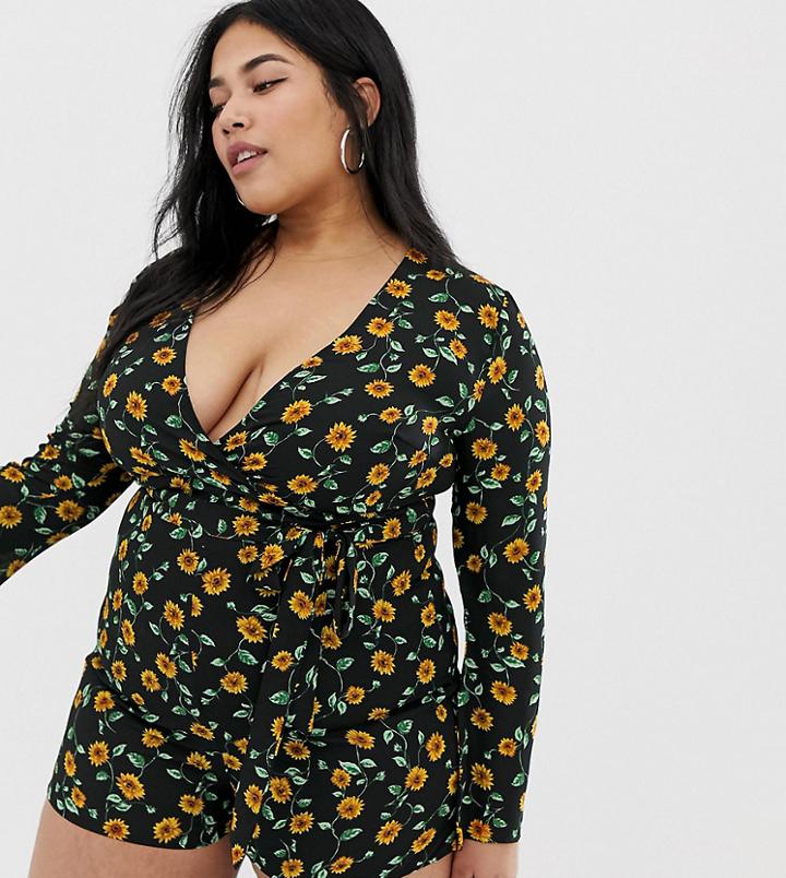 Wild Honey Plus Long Sleeved Romper In Ditsy Floral - Multi