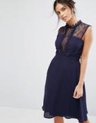 Elise Ryan Sleeveless Midi Dress With Contrast Lace Bodice - Navy