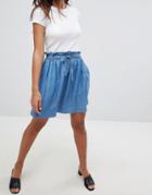 Asos Design Denim Paperbag Skirt In Midwash Blue - Blue