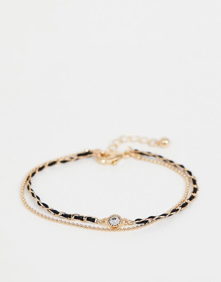 Asos Design Multirow Bracelet With Woven Thread And Delicate Ball Chain In Gold - Gold