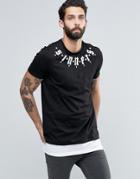 Asos Super Longline T-shirt With Sinners Yoke Print And Contrast Hem Extender - Black