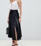 Asos Design Petite Satin Midi Skirt With Self Tie-black