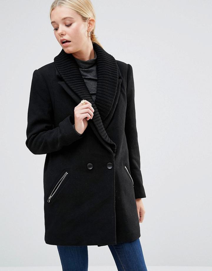 See U Soon Coat With Ribbed Collar And Zip Detail - Black