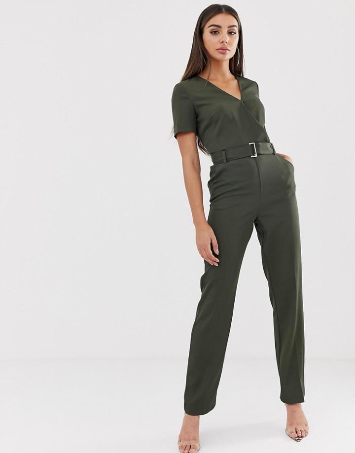 Morgan Wrap Front Belted Jumpsuit In Khaki-green