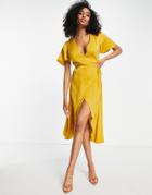Asos Design Bias Cut Satin Wrap Dress With Tie Waist & Flutter Sleeve-gold