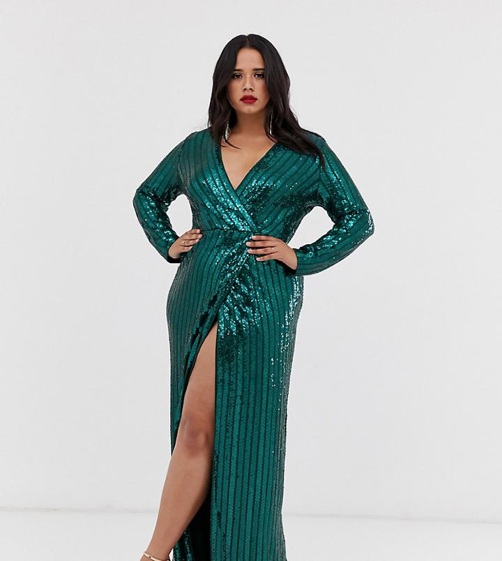 Club L London Plus Wrap Sequin Embellished Wrap Dress