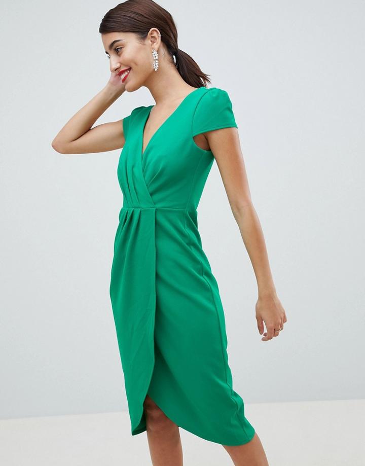 City Goddess Bardot Wrap Over Pencil Midi Dress - Green