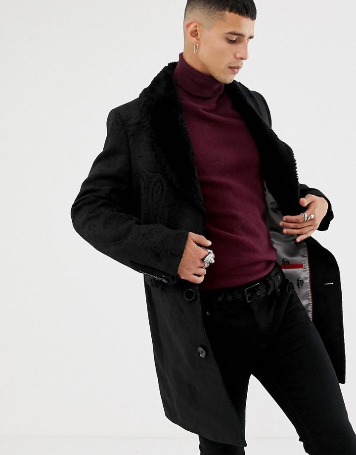Twisted Tailor Lurex Jacquard Coat With Faux Fur Collar - Black