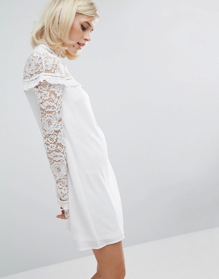 Fashion Union Lace Panel Shift Dress With Ruffle Detail - White