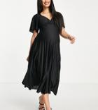 Asos Design Maternity Pleated Twist Back Cap Sleeve Midi Dress In Black
