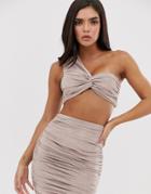 The Girlcode One Shoulder Twist Front Suedette Crop Top In Gray