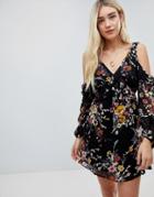 Band Of Gypsies Abstract Floral Cold Shoulder Dress - Black