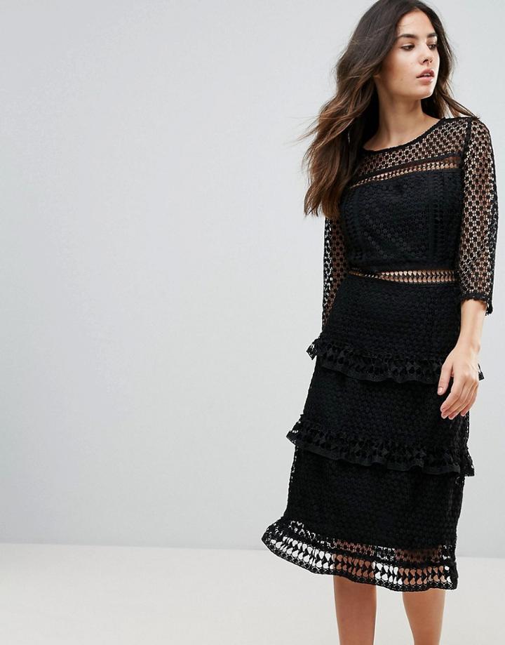 Liquorish Layered Lace 3/4 Sleeve Midi Dress - Black