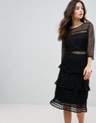 Liquorish Layered Lace 3/4 Sleeve Midi Dress - Black