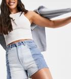 Stradivarius Contrast Two Tone Denim Shorts With Raw Hem In Blue-blues