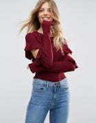Asos Sweater With Ruffle Open Sleeve Detail - Red