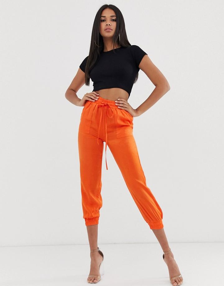 Koco & K Satin Pants With Cuff Leg And Drawstring Waist In Orange