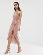 Virgos Lounge Embellished Halter Neck Wrap Front Midi Dress In Pink-blue
