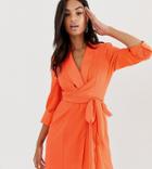 Asos Design Mini Tux Dress With Self Tie Belt - Orange